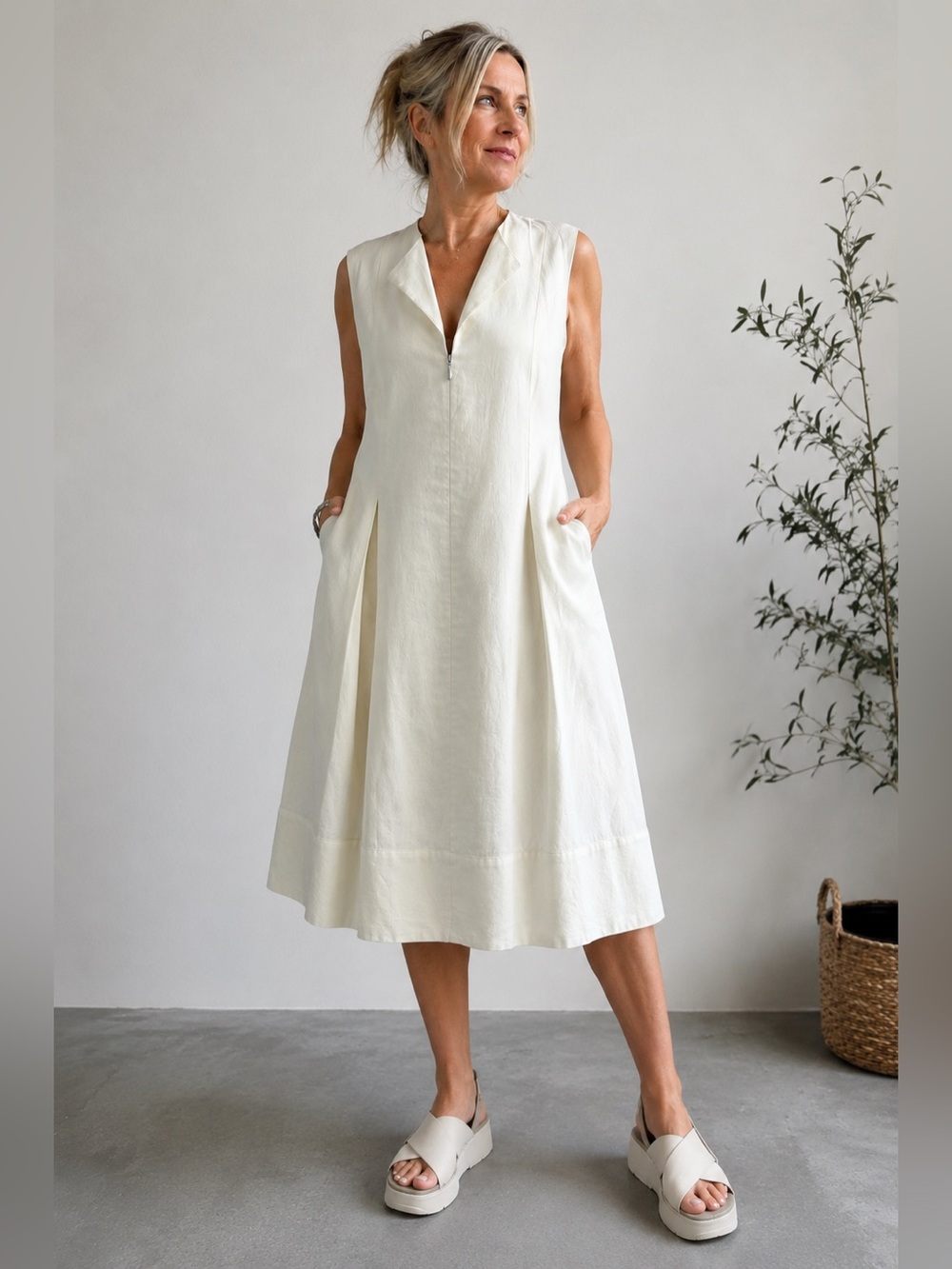 Sarah Pacini Ivory Ramie Lagenlook Dress Size 4 Italy Zip Front Pockets Artsy
